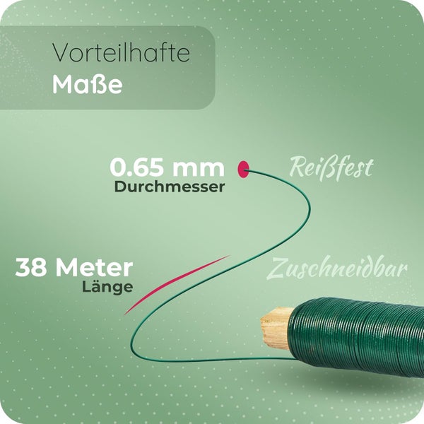 Gartendraht auf Holzstab, 0,65 Millimeter Durchmesser, 38 Meter Länge, reißfest und zuschneidbar.