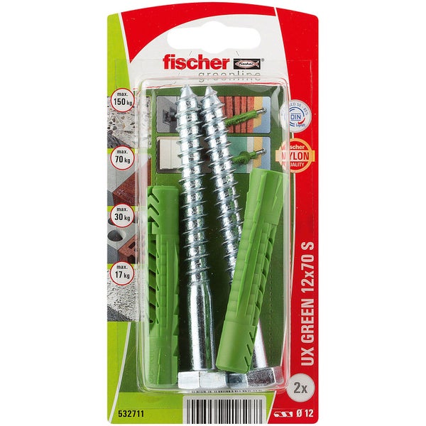 Fischer UX Green Dübel und Schrauben, 12 x 70 Millimeter, 2 Stück