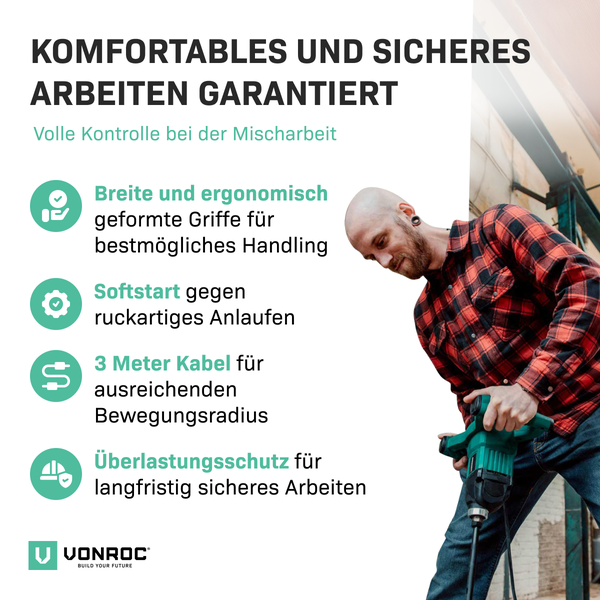 VONROC Betonmischer inkl. Rührwerk [1800W] - Quirl Mörtelrührer [mit Sanftanlauf] für Beton, Zement, Farbe, Mörtel - 2 Geschwindigkeitsmodi