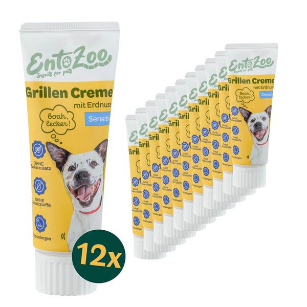 EntoZoo Grillen Creme mit Erdnuss für Hunde, 12 Tuben im Set, hypoallergenes Ergänzungsfuttermittel ohne Zuckerzusatz und ohne Zusatzstoffe.