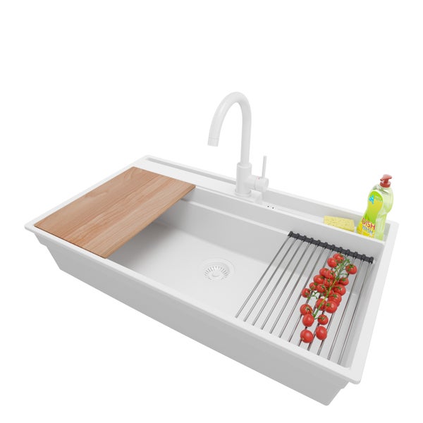 PRIMAGRAN Granitspüle Alles Weiß 88x53cm, Spülbecken 1 Becken + Küchenarmatur 32x20cm + Ablauf-Set + Küchenzubehörset, Küchenspüle ab 90er Unterschrank - Oslo Pocket