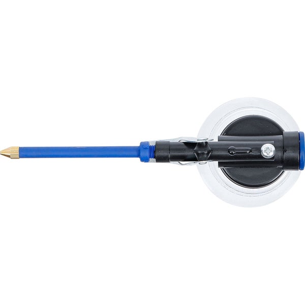 Rundglasschneider mit Saugnapf, schwarzem Gehäuse und blauem Arm aus Kunststoff und Metall.