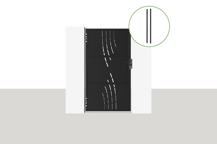 Gartentor aus Metall mit dekorativen Aussparungen und Detailansicht der Metallstreben