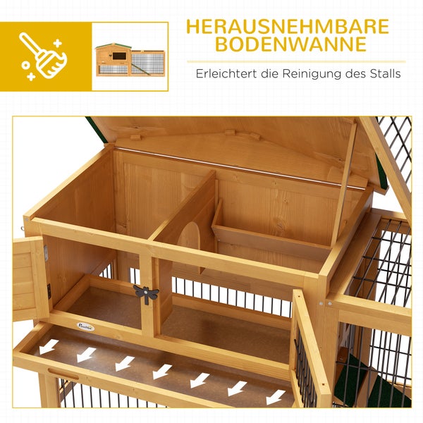 PawHut Hasenstall 2 Ebenen Kaninchenstall aus Tannenholz Winterfest Doppelstockhaus mit Freilaufgehege Rampe 150x52x68 cm Kaninchenkäfig Outdoor Kleintierstall für Hasen Kaninchen Meerschweinchen Gelb