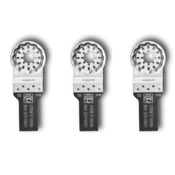 Drei Fein Starlock Sägeblätter zum Sägen von Holz und Nägeln