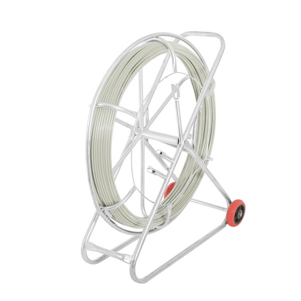 Kabeleinziehsystem mit Glasfaserband auf einem fahrbaren Metallabrollgestell