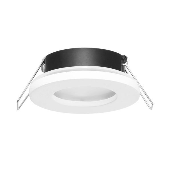LED-Einbaustrahler rund, weiß mit Befestigungsfedern.