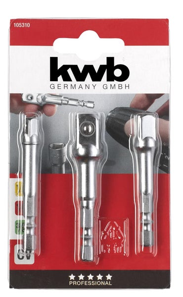 kwb Steckschlüssel Adaptersatz 3-teilig  Sechskant auf Vierkant für Bohrmaschinen, Steckschlüssel, Schrauber und Bit-Halter, 1/4, 3/8, 44593 Zoll