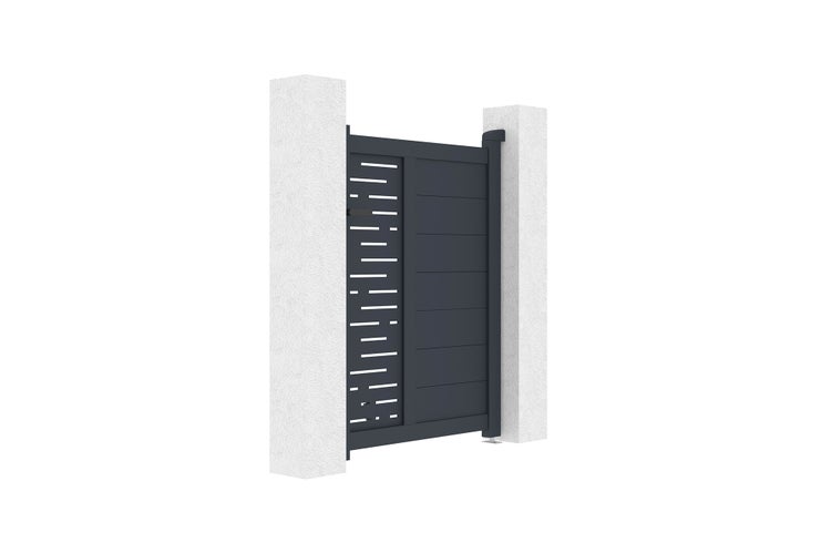 Modernes Gartentor aus Aluminium in Anthrazit zwischen zwei weißen Pfeilern mit dekorativem Lochmuster.