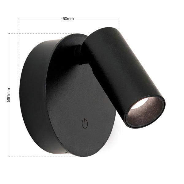 Schwenkbare Wandleuchte mit den Maßen 60 mm und 81 mm