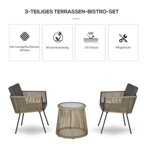Outsunny 3-tlg. Rattan Gartenmöbel-Set, Sitzgruppe, Gartengarnitur mit 2 Gartenstühle mit Sitz-, Rückenkissen, Beistelltisch mit Hartglasplatte, für Balkon, Stahl, Grau