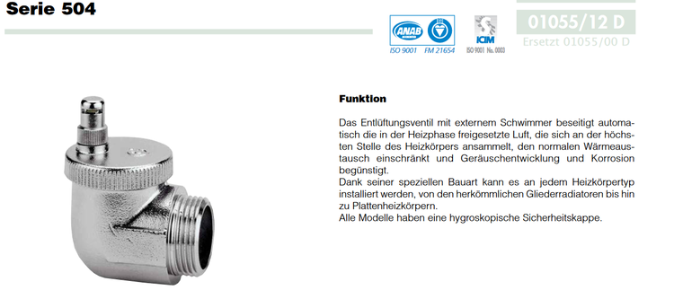 Automatisches Entlüftungsventil für Heizkörper aus Metall in Eckform 90 Grad.