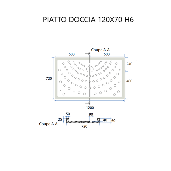 Rechteckige Keramik Duschwanne mit Antirutschbeschichtung 70x120 H6 | Malta