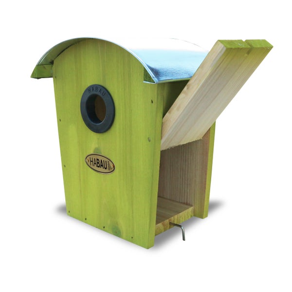 Vogelhaus aus Holz mit Metalldach und Habau Logo