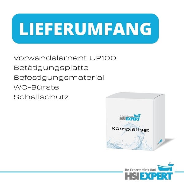 Lieferumfang: Vorwandelement UP100, Betätigungsplatte, Befestigungsmaterial, WC-Bürste, Schallschutz und HSI Expert Komplettset in Verpackung.