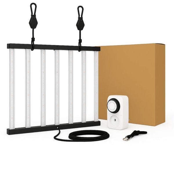 LED-Pflanzenlampe mit Aufhängesystem, Zeitschaltuhr, Kabel und Kartonverpackung.