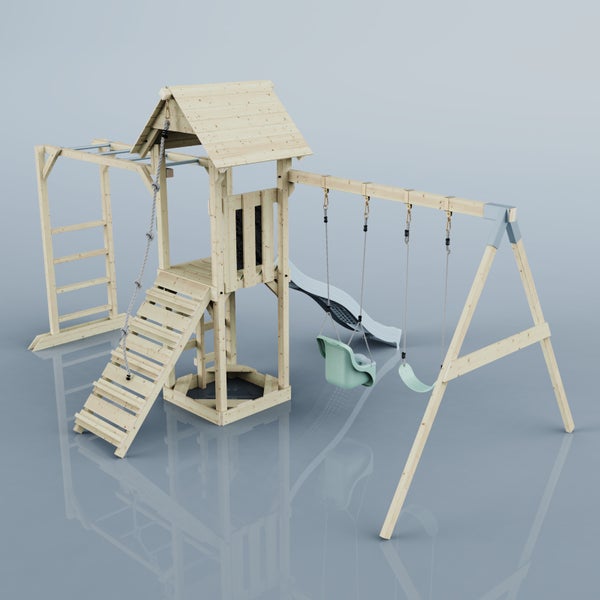 Holzspielplatz mit Schaukel, Rutsche und Klettergerüst