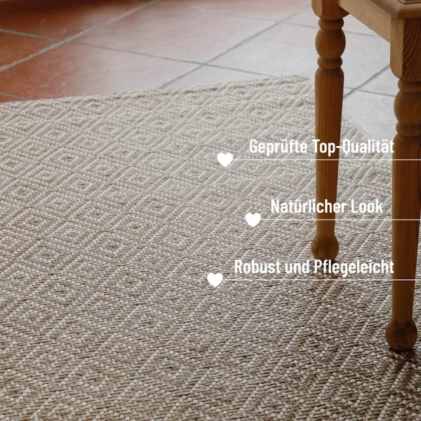 Flachgewebter Teppich mit Rautenmuster, robust, pflegeleicht und in geprüfter Qualität mit natürlichem Look.