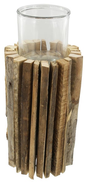 FRANK FLECHTWAREN | Windlicht Stakete, klein, HOLZ, Ø 18 x 41 cm, Glas Ø 12 x 12 cm, ohne Kerze