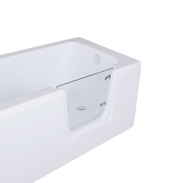 Weiße Badewanne mit integrierter Glastür für einen barrierefreien Einstieg.