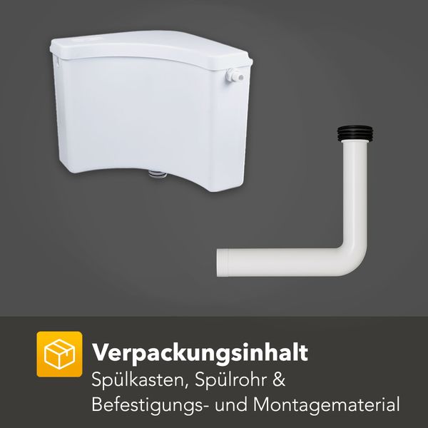 Eckspülkasten aus Kunststoff mit L-förmigem Spülrohr und Montagematerial, Verpackungsinhalt.