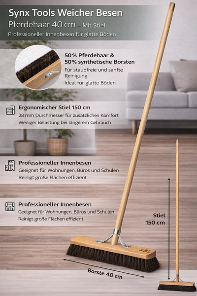 Synx Tools Besen mit Stiel, 40 Zentimeter breit, für Innenräume und glatte Böden