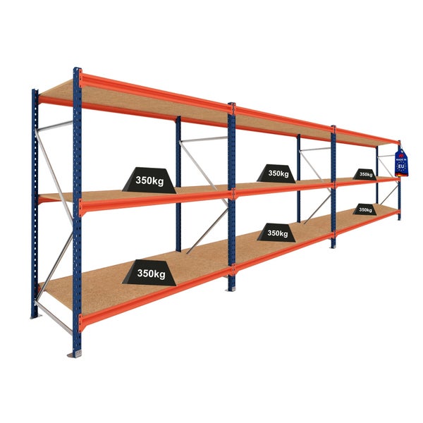 Schwerlastregal mit 3 Ebenen aus Holz, blauen Metallpfosten, orangefarbenen Traversen und einer Traglast von 350 Kilogramm pro Boden.