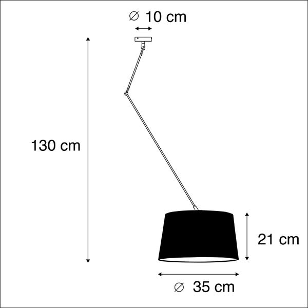 Maßzeichnung einer Pendelleuchte: Gesamthöhe 130 Zentimeter, Schirmdurchmesser 35 Zentimeter, Schirmhöhe 21 Zentimeter, Baldachin 10 Zentimeter.