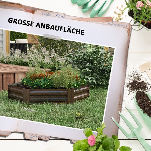 Hochbeet aus Holz mit Blumen bepflanzt