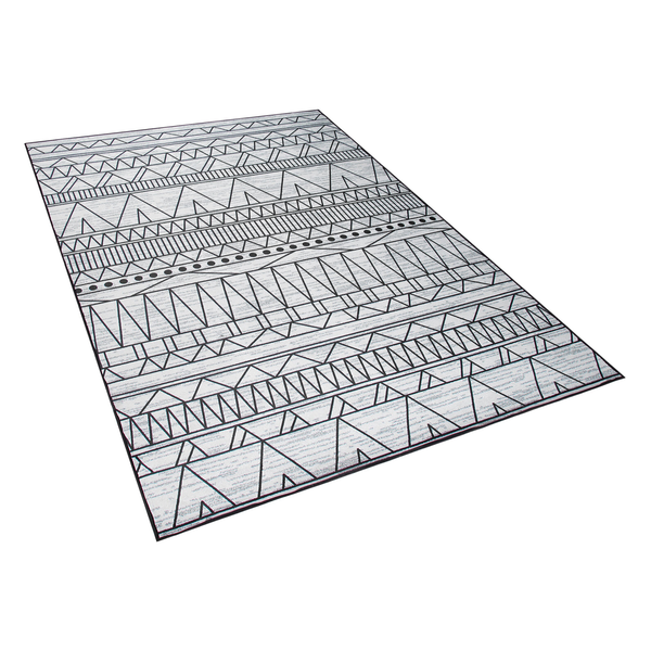 Teppich mit geometrischem Muster aus Linien, Dreiecken und Punkten.