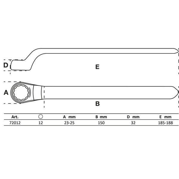 Technische Zeichnung eines Ringmaulschlüssels mit Maßangaben