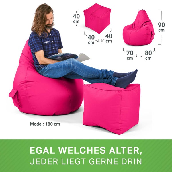 Green Bean 2er Set Sitzsack + Hocker - fertig befüllt - robust waschbar schmutzabweisend - Kinder & Erwachsene Bean Bag Bodenkissen Lounge Sitzhocker Relax-Sessel Gamer Gamingstuhl Pouf - Pink