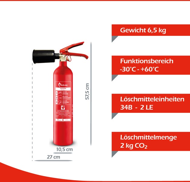 FireLoq CO2-Feuerlöscher: 6,5 Kilogramm, 2 Kilogramm Füllung, 34B, Maße 57,5 mal 27 Zentimeter, Bereich minus 30 bis plus 60 Grad.