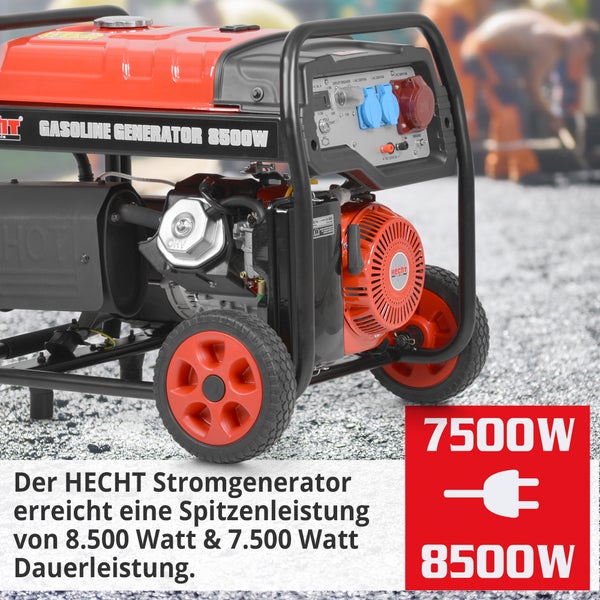 Hecht Stromerzeuger mit einer Spitzenleistung von 8500 Watt und einer Dauerleistung von 7500 Watt.
