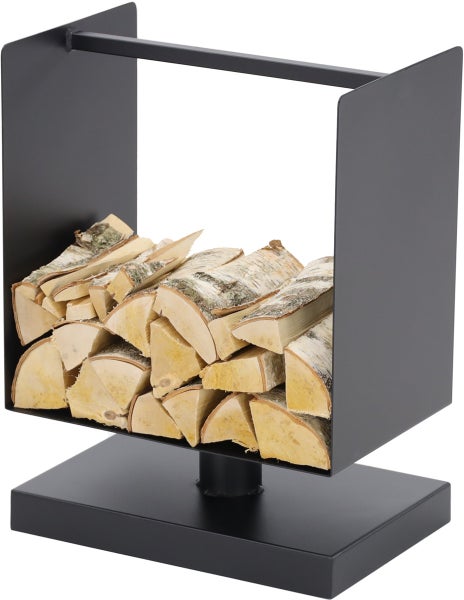 Brennholzregal aus Metall mit Holzscheiten