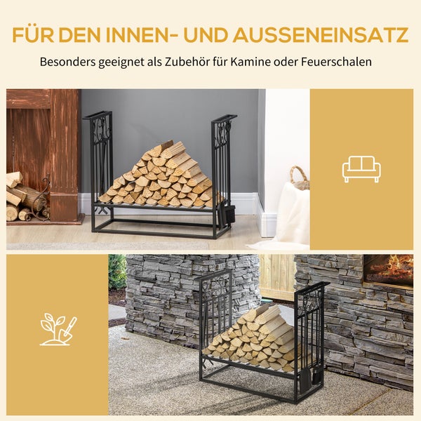 HOMCOM Kaminholzständer mit Kaminbesteck, 75 x 30 x 60 cm, Stahl, Schwarz