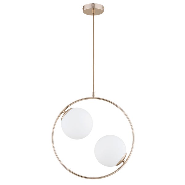 Moderne Pendelleuchte mit zwei runden Glaskugeln in einem kreisförmigen Rahmen aus Metall für eine elegante Beleuchtung.