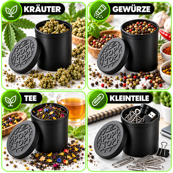 Vier Vorratsdosen aus Metall in Schwarz mit Pop Top Deckel zur Aufbewahrung von Kräutern, Gewürzen, Tee und Kleinteilen.
