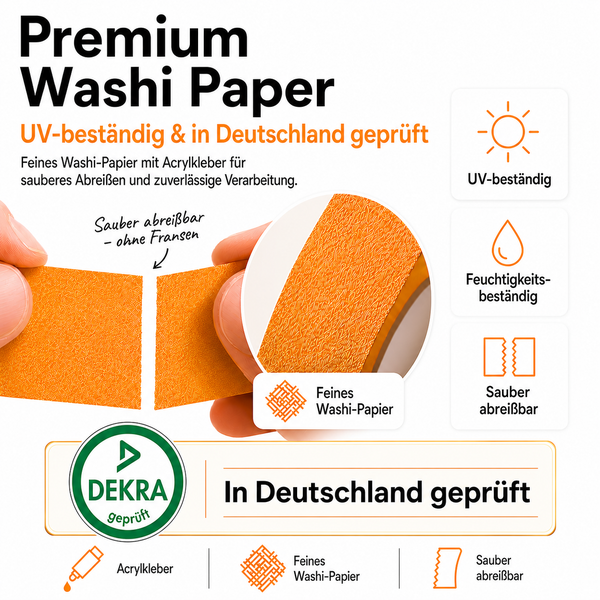 Premium Washi-Tape Eigenschaften: UV-beständig, feuchtigkeitsbeständig, sauber abreißbar, Acrylkleber, DEKRA Logo, in Deutschland geprüft.