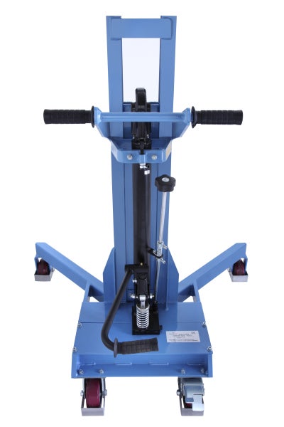 Motorradheber in blauer Ausführung mit Handgriffen und Rollen