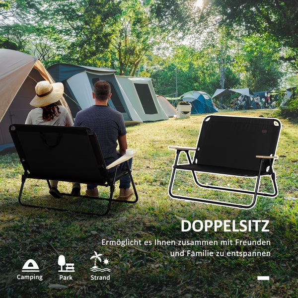 Outsunny Campingstuhl 2-Sitzer klappbar tragbar Gartenstuhl Regiestuhl Klappstuhl mit Getränkehalter für Outdoor Picknick Wandern max. Belastung 160 kg Schwarz 114 x 67 x 80 cm