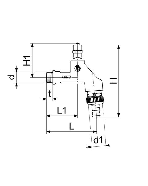 Technische Zeichnung eines Wasserhahns mit Maßangaben für Höhe, Länge und Durchmesser sowie einem Schlauchanschluss.