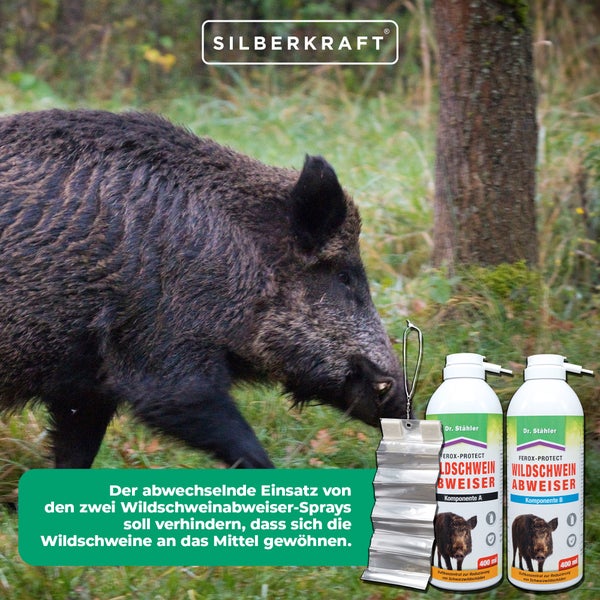 Ferox-Protect Wildschweinabweiser Spray-Set zur Wildschweinabwehr mit Duft- und Geräuschbarriere, 2 Sprays + 5 Aluminiumstreifen mit Filzdepot, Schutz für Garten, Feld, Waldrand, Zaun