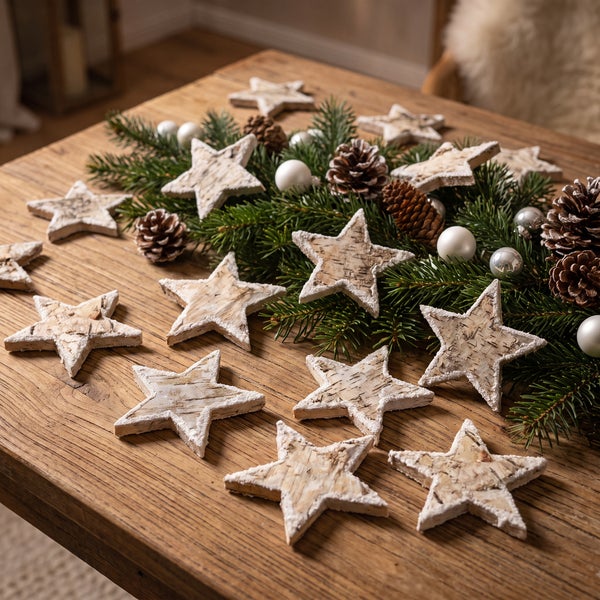 Weihnachtsdekoration aus Birkenholzsternen, Tannenzweigen, Zapfen und kleinen Kugeln auf einem rustikalen Holztisch.