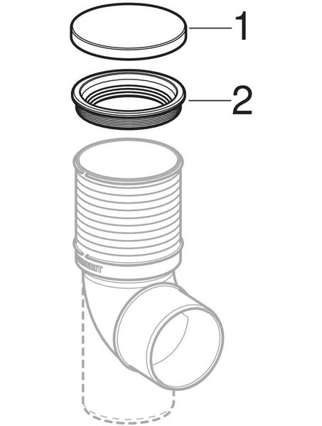 Schematische Zeichnung eines Rohranschlusses mit einer Abdeckkappe (1) und einer Dichtung (2).