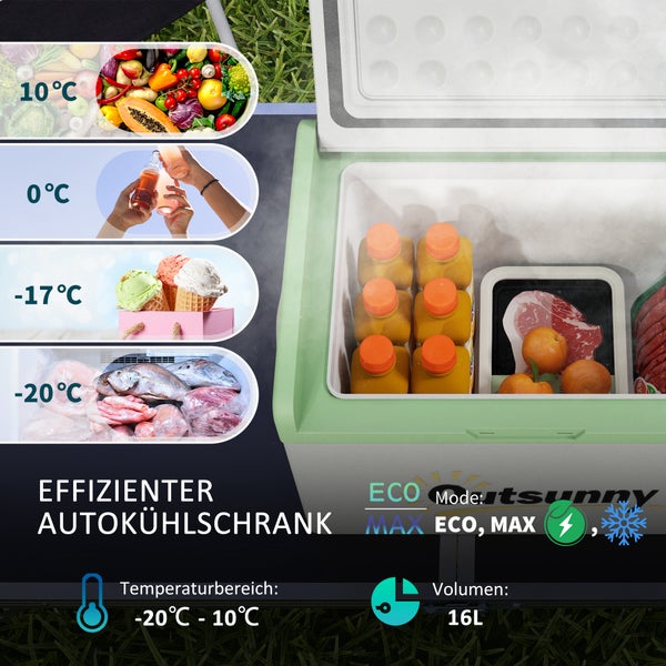 Outsunny Kompressor Kühlbox 16L, Kühlbox Auto 12/24V DC & 100-240V AC, bis -20°C, Tragbare Gefrierbox mit MAX/ECO Modi, Mini Kühlschrank für Camping, Lkw, Boot, RV und Steckdose