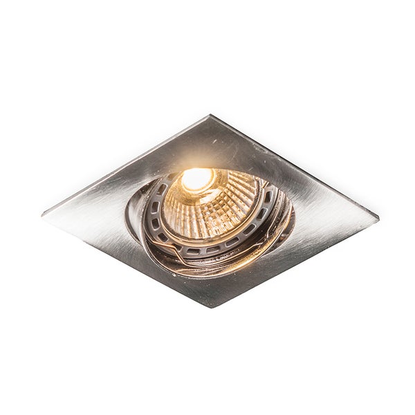 Quadratischer Einbaustrahler aus gebürstetem Metall mit schwenkbarem Leuchtmittel.