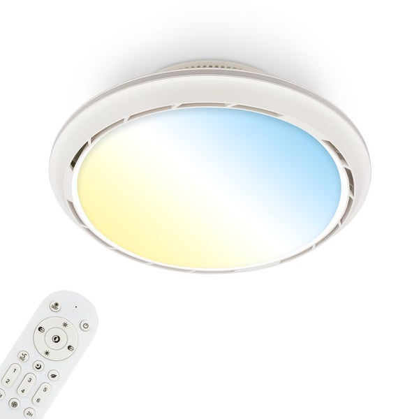 Runde LED-Deckenleuchte mit integriertem Ventilator und Fernbedienung, Farbtemperatur einstellbar.