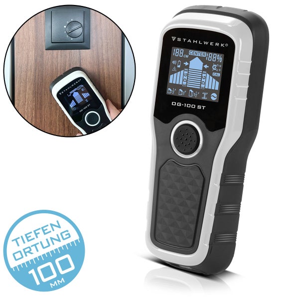 Stahlwerk Ortungsgerät DG-100 ST mit digitalem Display, Tiefenortung bis 100 Millimeter, Inset zeigt Anwendung an einer Wand mit Holzpaneel.