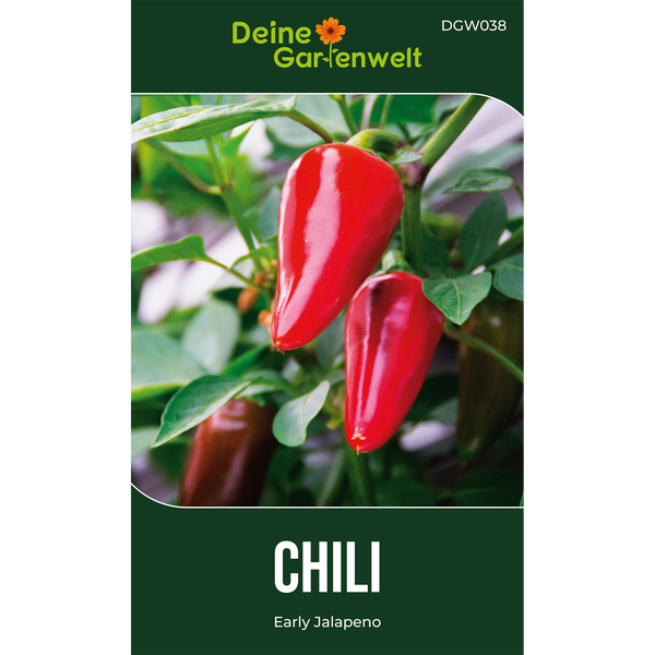 Samentüte für Chili Early Jalapeño von Deine Gartenwelt mit roten Chilischoten an der Pflanze.